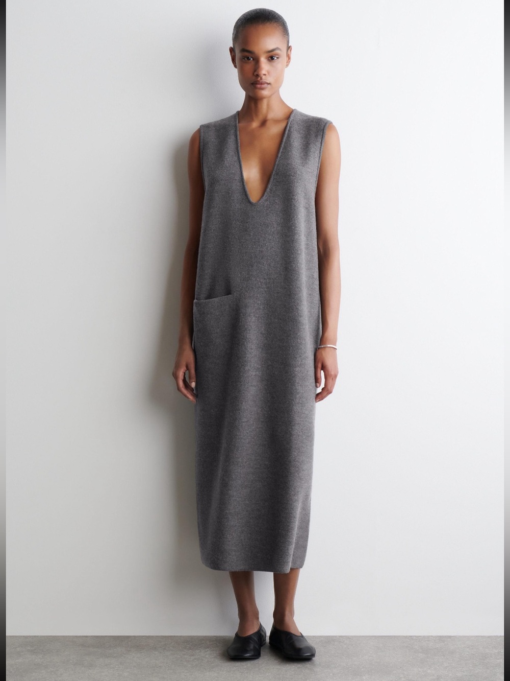 COS 100% RWS Wool V-Neck Midi Dress in Grey.